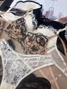 Close-up of fine lace floral embroidery and sheer mesh on French style bras and panties