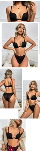 Detailed close-up of black deep U-cut bra with mesh texture and matching lace panties