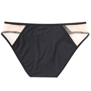 Detail of black seamless thong with V-shaped sheer mesh panels on side waist