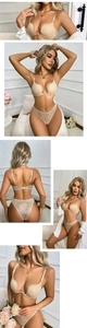 Detail view of U-shaped mesh bra with leopard print thong set on white background