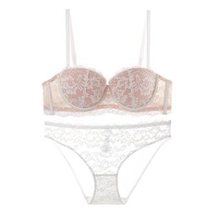 Women's Sexy French Lace Bra Top And Panties With Steel Ring Floral Push Up Underwear Half Cup Elegant Lingerie