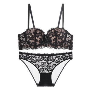 Elegant black floral lace strapless bra and panty set with push-up half cup design