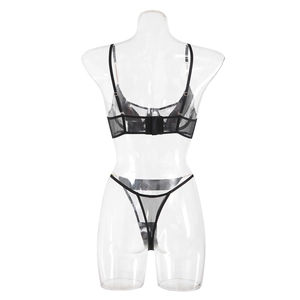 Rear view of black sheer mesh lingerie set featuring adjustable straps and hook closure