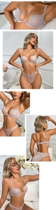 Detail view of pink leopard print deep U-neck bra set with mesh lace and thong