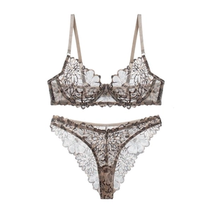 Lace lingerie set with leopard print and floral mesh bra and panty in light brown