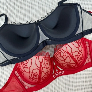 Sexy lace bra set with rose embroidery and rhinestones in black and red colors