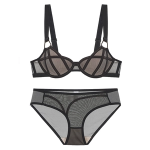 Women French Style Sexy Lingerie Top And Bottom Mesh Transparent Underwire Bra And Panties Gathering Breathable Soft Adjustable Wide Straps Underwear
