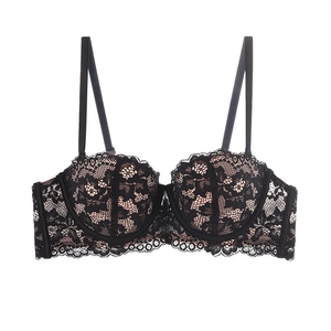 Sexy French black lace strapless half-cup bra set with supportive underwire