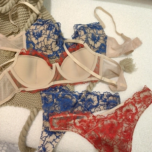 Detailed flat lay of floral lace embroidery lingerie set with mesh details and fine straps