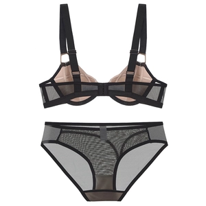 French style thin mesh lingerie set with wide straps and soft underwire in black and beige