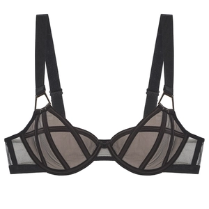 French style sexy black mesh sheer bra with wide straps and geometric webbing detail