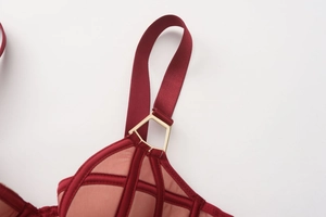 Detailed close-up of a burgundy bra with a gold pentagonal buckle and mesh fabric