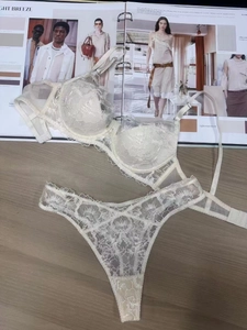 Close-up of floral lace embroidery detail on cream-colored lingerie and thong set