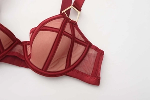 Close-up of wine red lace mesh bra featuring gold geometric hardware and soft satin edges