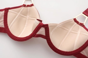 Detailed macro view of the inner bra cup stitching and golden metal hardware link