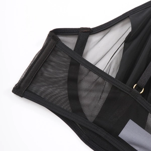 Detail of sheer black mesh bra featuring elastic straps and gold metal hardware