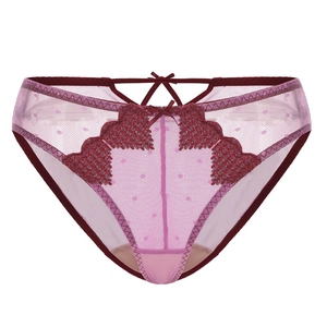 Lavender mesh panties with red heart embroidery and cross waist ribbons for women