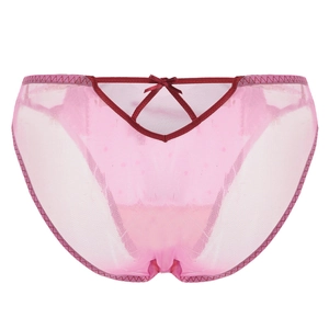 Pink heart mesh embroidered sheer panties with cotton crotch and bow for women