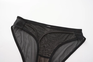 Detail view of black mesh lace panties with breathable transparent fabric and fine edging