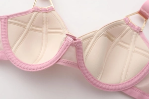 Detailed macro view of beige lace bra cup with supportive mesh lining and gold buckle