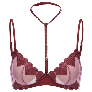 Sexy French Lace Bra Heart Embroidery Mesh Rhinestone Choker Push Up Underwire Thin Cup Lingerie Women Underwear
