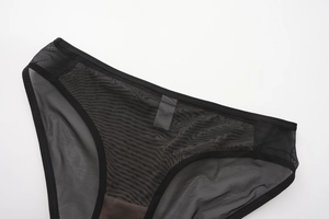 Detail view of black sheer mesh panties featuring seamless stitching and soft lining