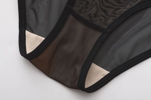 Macro detail of breathable black mesh fabric and cotton crotch lining for comfort