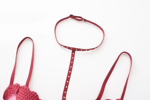 Detail of red mesh lace lingerie with halter strap and shimmering crystal accents
