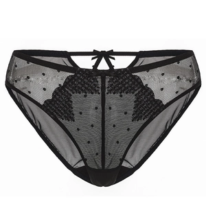 Sexy black lace panties with heart mesh embroidery and a delicate front bow decoration