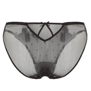 Detail of black mesh lace panties featuring a V-cut back design and elegant ribbon bow