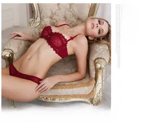 Detailed wine red lace lingerie set featuring a push-up bra and low-rise lace panties