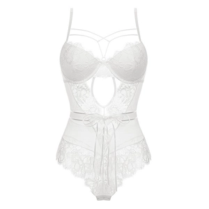 Detailed white lace bodysuit featuring floral patterns, hollow-out design and ribbon bow