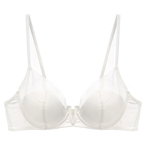 Macro detail of white mesh patchwork bra with deep V design and modern straps