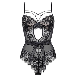 Close-up of black floral lace bodysuit featuring decorative bow and mesh textures