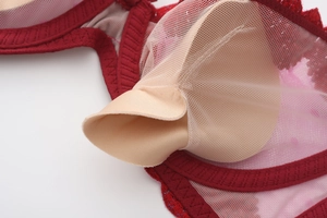 Detail showing red lace bra interior with breathable mesh and removable skin-tone padding