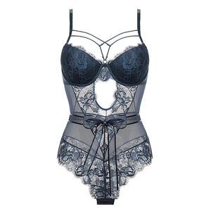 Detail of navy blue lace bodysuit featuring floral embroidery and a satin bow accent
