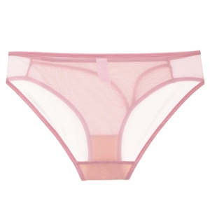 Detailed view of pink mesh lace panties featuring sheer fabric and elastic trimming