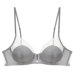Gray French style mesh V-neck bra with soft underwire support and sheer lace detailing
