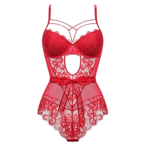 Red floral lace teddy bodysuit with underwire cups and satin bow waist detail