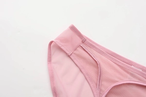 Detailed close-up of pink sheer mesh fabric and delicate stitching on women's lingerie