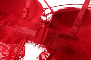 Macro detail of red lace bodysuit showing adjustable straps and back hook-eye closure