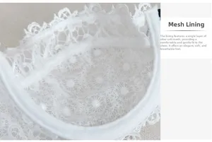 Detail of the white lace bra featuring soft sheer mesh lining for breathable comfort