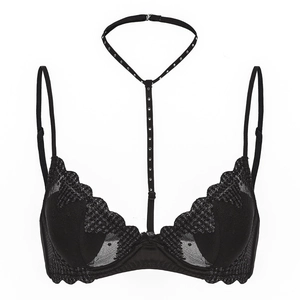 French black lace bra with harness neck strap, heart mesh embroidery and sequins