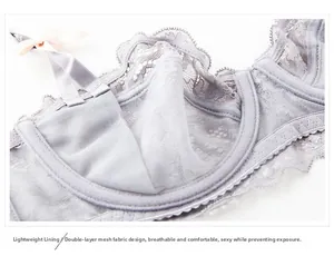 Detail of lavender lace bra showing breathable double-layer mesh and delicate floral edges