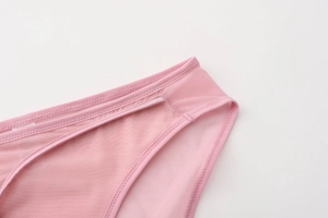 Detail of pink mesh panties with smooth seams and breathable translucent fabric texture