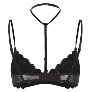 Detail view of black lace lingerie back with adjustable multi-hook closure and Y-shaped choker