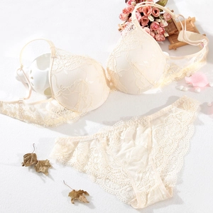 Detailed flat lay of beige floral lace lingerie set with push-up bra and matching panties