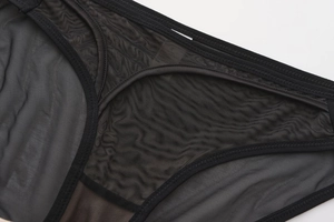 Detail of sheer black mesh lace panties featuring breathable fabric and wave stitching