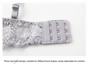 Detail of adjustable triple hook-and-eye closure on lace bra with flexible fit design