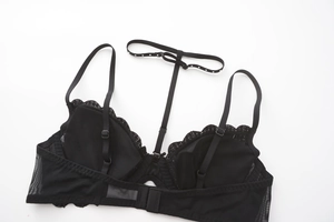 Detailed close-up of French style black lace bra featuring heart embroidery and mesh